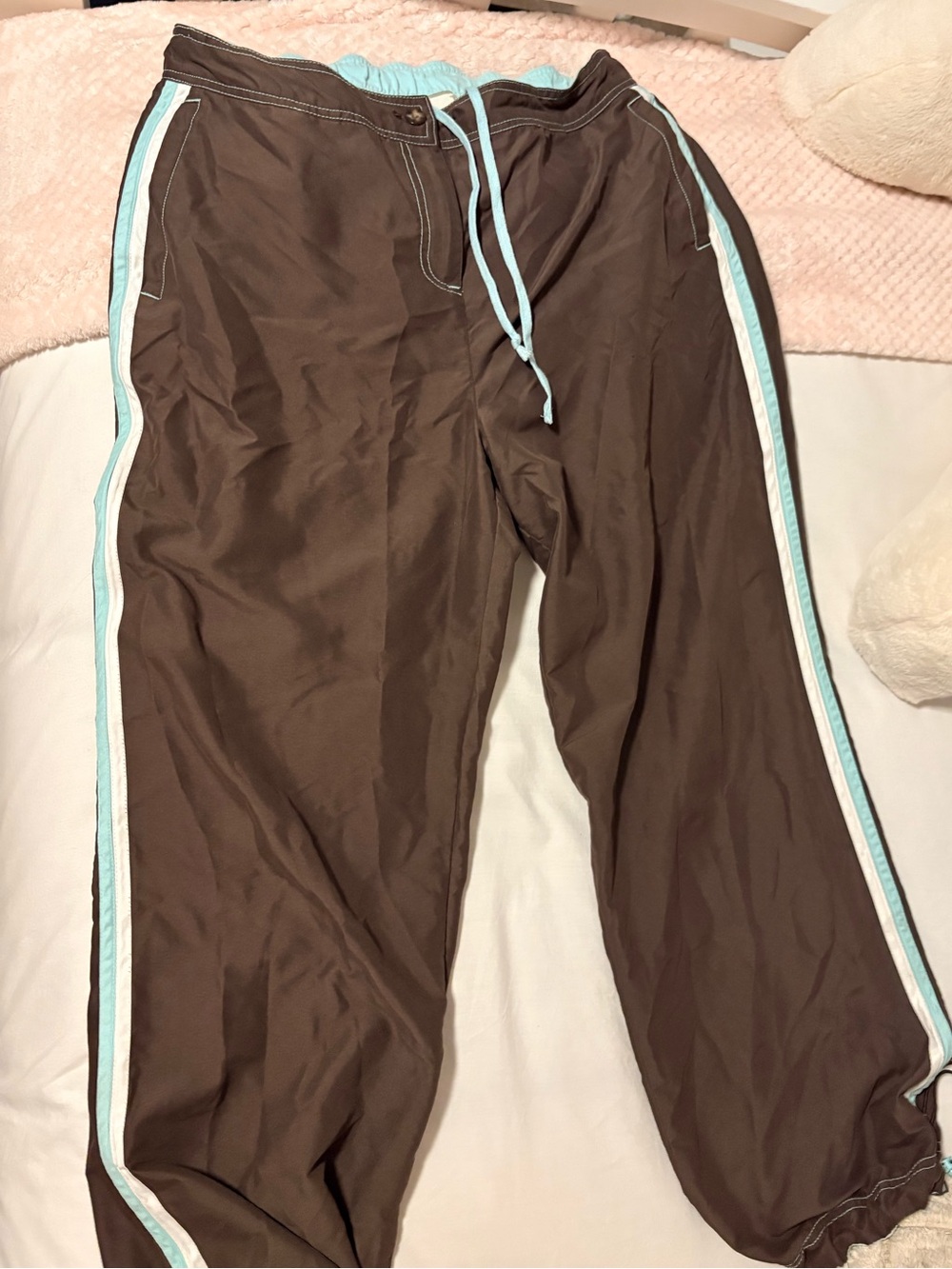 Brown Women’s Y2K Track Pants with Teal and White Trim